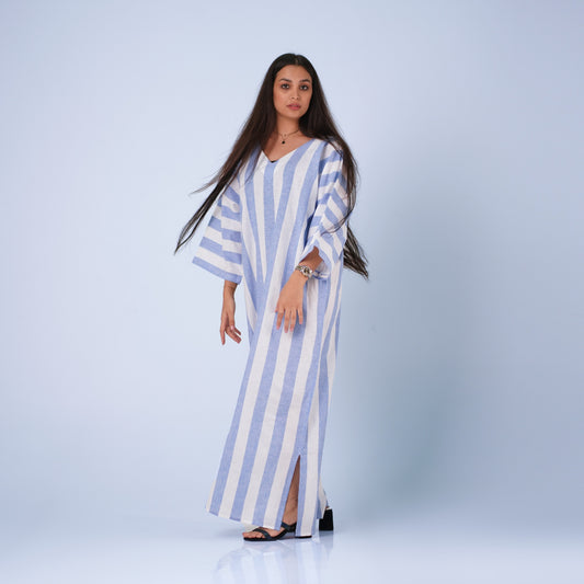 WOMEN CLASSIC LINEN DRESS - WHITE WITH BLUE STRIPES