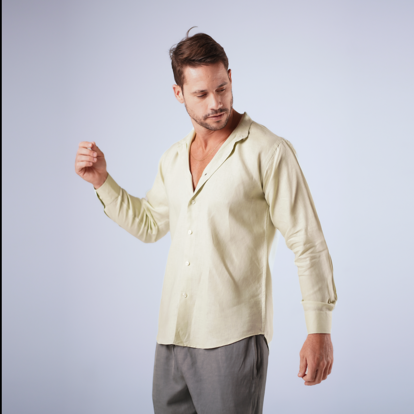 MEN CLASSIC LINEN SET - GRAY PANTS, BABY GREEN SHIRT