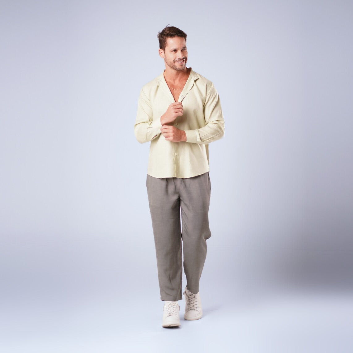 MEN CLASSIC LINEN SET - GRAY PANTS, BABY GREEN SHIRT