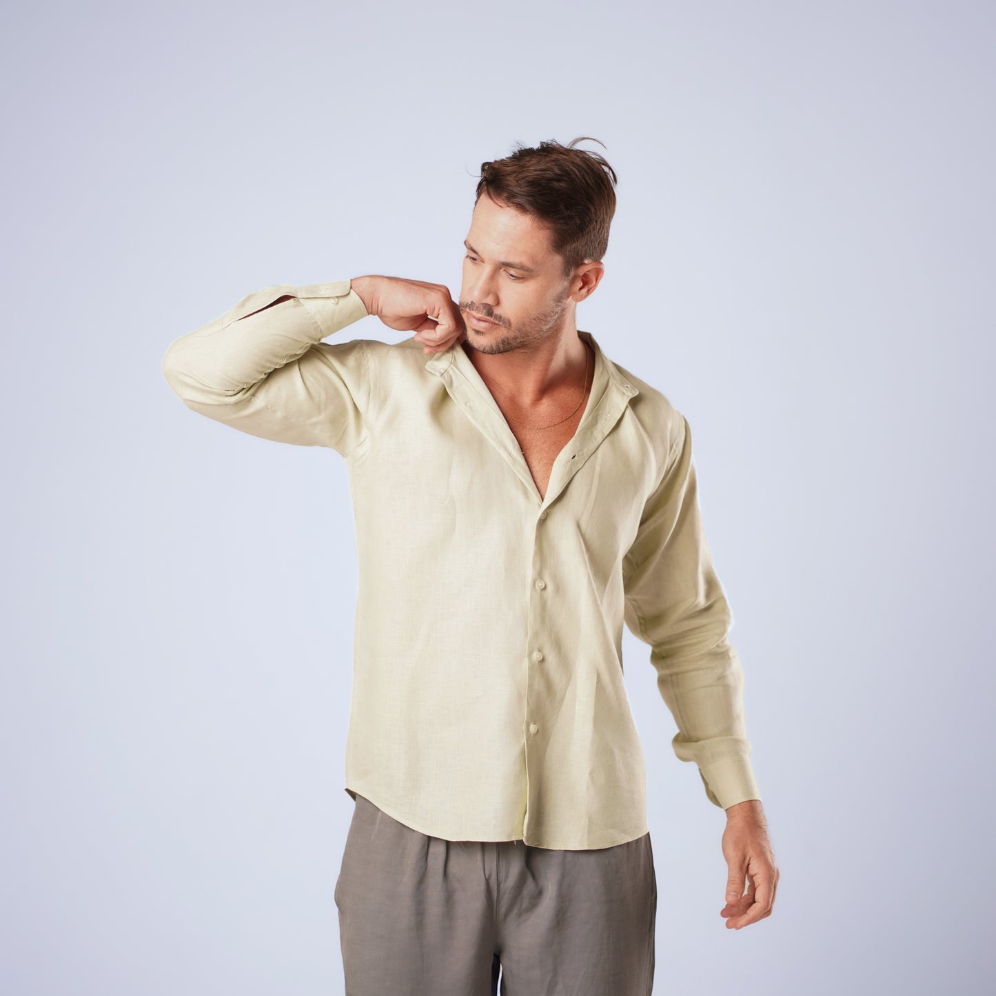 MEN CLASSIC LINEN SET - GRAY PANTS, BABY GREEN SHIRT