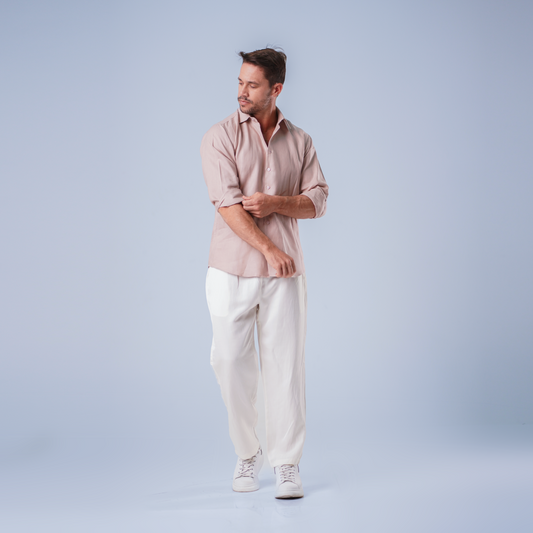 MEN CLASSIC LINEN SET - MILKY WHITE PANTS, BABY PINK SHIRT